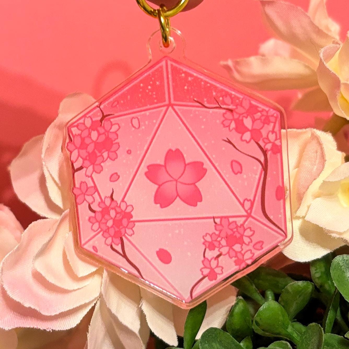 D&D D20 Sakura flowers Dice DnD Keychain
