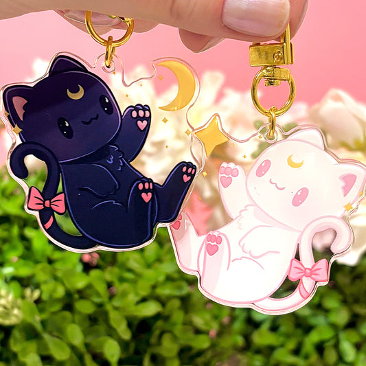 Set of 2 Cats Keychains (or single keychain) with Gold Clasp – Perfect for Best Friends! (matching transparent stickers also available)