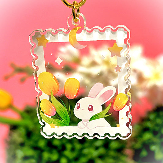 Aesthetic BUNNY Keychain styled like a postage stamp (matching transparent sticker also available)