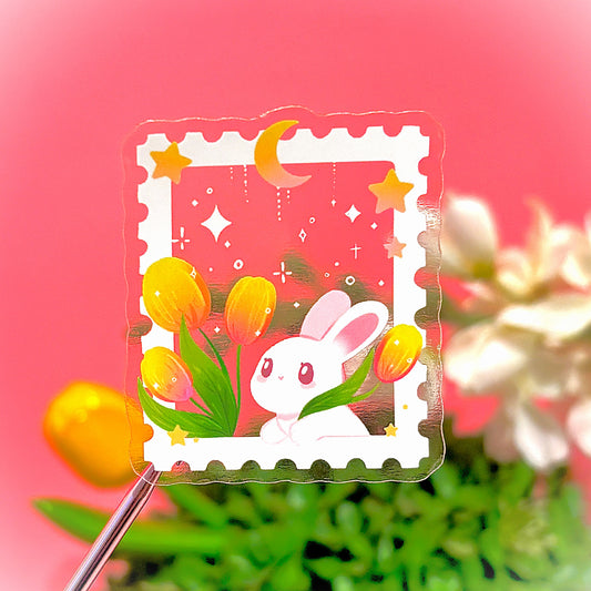 Aesthetic BUNNY transparent sticker styled like a postage stamp (matching keychain also available)