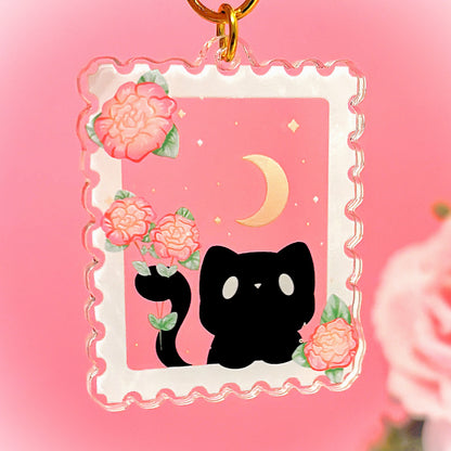 Cute BLACK CAT Keychain styled like a postage stamp (matching transparent sticker also available)