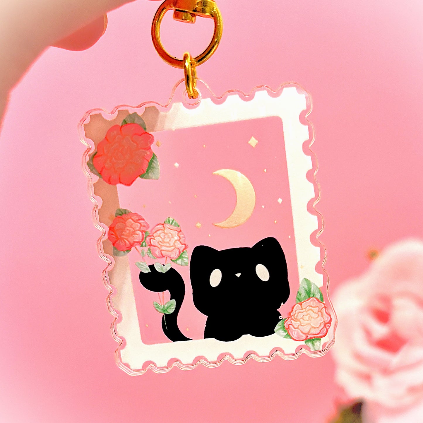 Cute BLACK CAT Keychain styled like a postage stamp (matching transparent sticker also available)