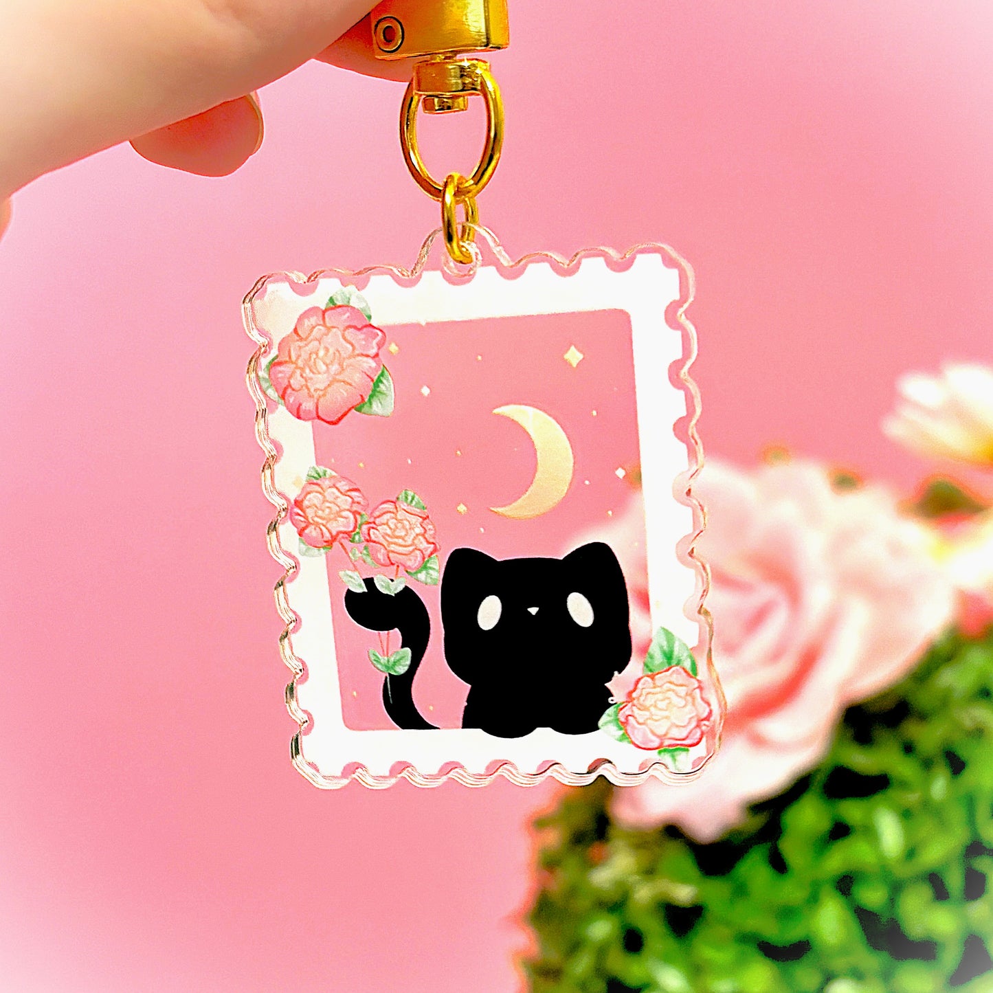 Cute BLACK CAT Keychain styled like a postage stamp (matching transparent sticker also available)