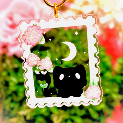 Cute BLACK CAT Keychain styled like a postage stamp (matching transparent sticker also available)