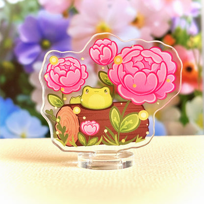 Little Frogs on Log with Peonies - Nature-Inspired Standee