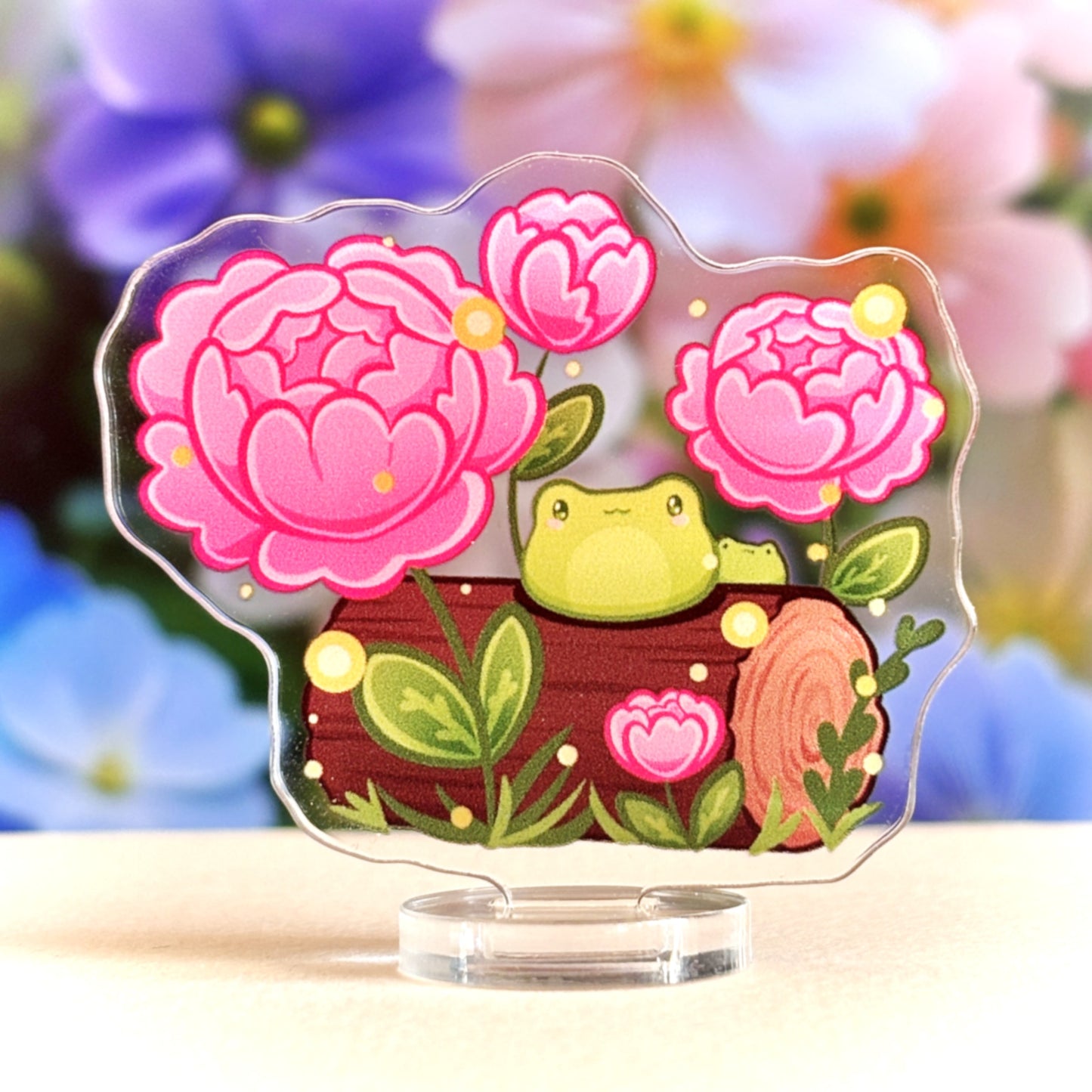 Little Frogs on Log with Peonies - Nature-Inspired Standee