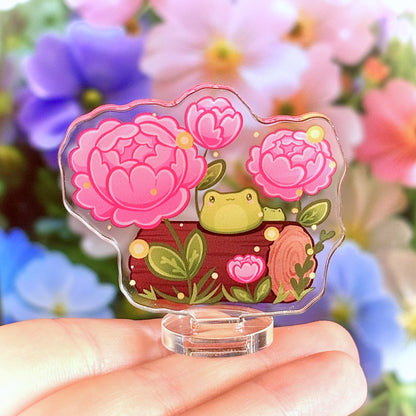 Little Frogs on Log with Peonies - Nature-Inspired Standee