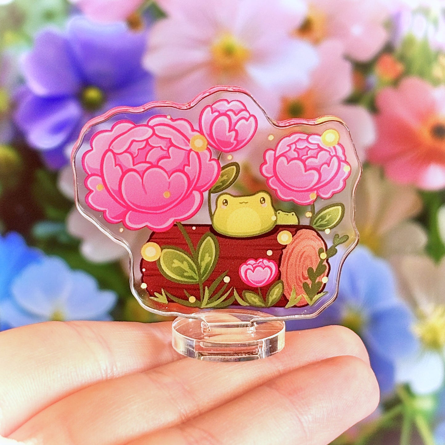 Little Frogs on Log with Peonies - Nature-Inspired Standee