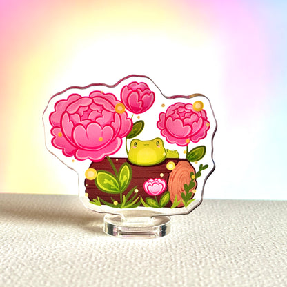 Little Frogs on Log with Peonies - Nature-Inspired Standee