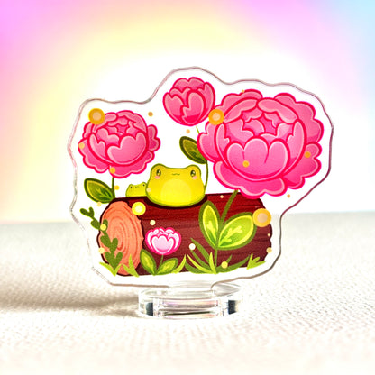 Little Frogs on Log with Peonies - Nature-Inspired Standee