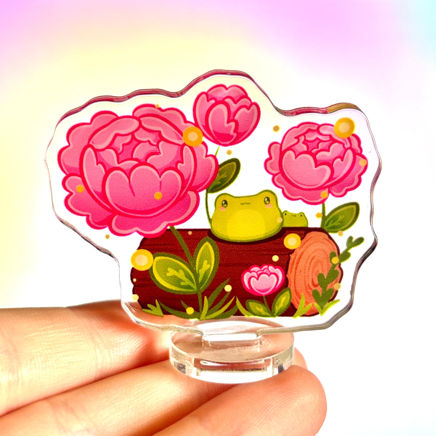 Little Frogs on Log with Peonies - Nature-Inspired Standee