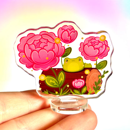 Little Frogs on Log with Peonies - Nature-Inspired Standee