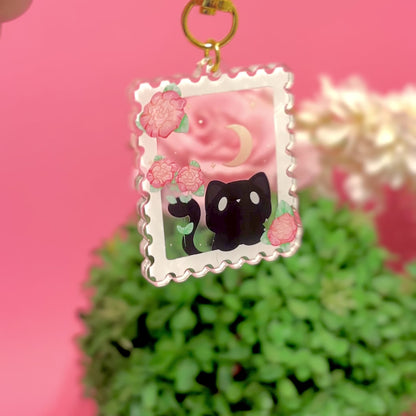 Cute BLACK CAT Keychain styled like a postage stamp (matching transparent sticker also available)